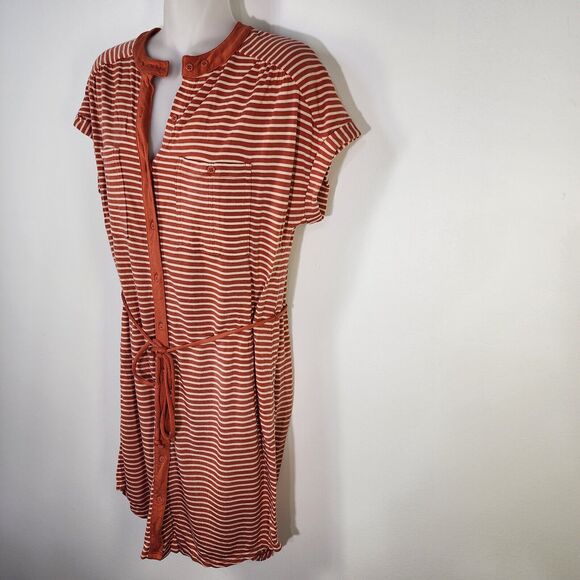 Fossil Womens Mini Dress Small Button Up Orange Striped Tie Waist Short Sleeve - Picture 6 of 9